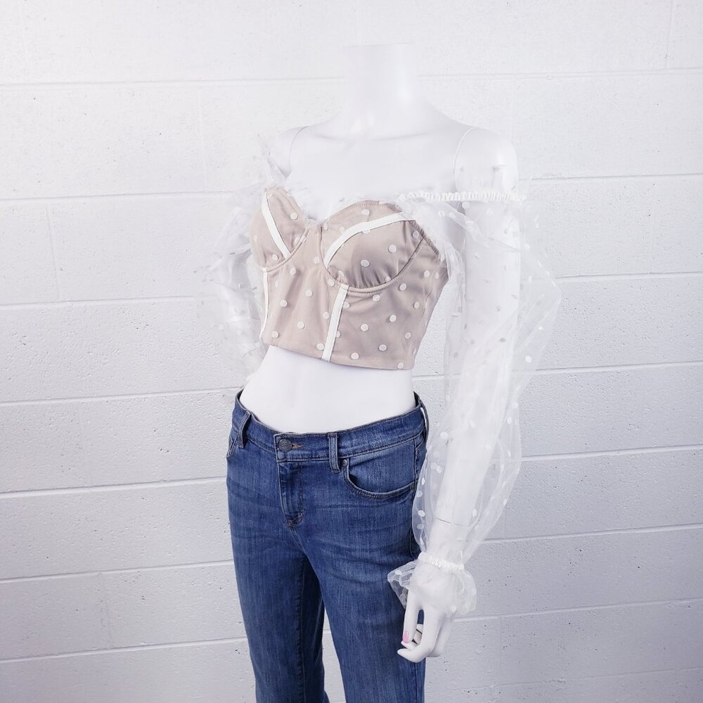 Runaway The Label Bustier Corset Top Size 4 Beige Polka Dot Tulle Sheer Sleeves - Picture 2 of 10